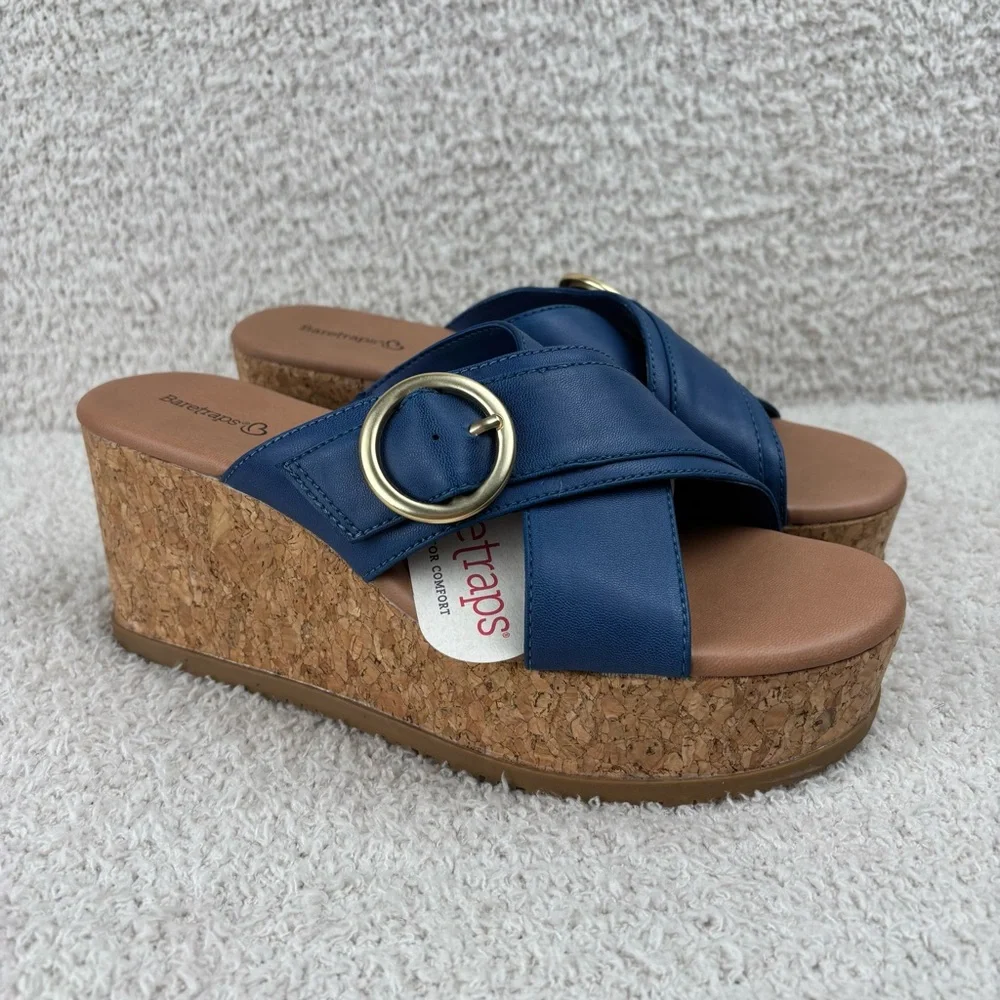 Baretraps Sandals Womens 9M Blue Sydney‎ Cork Slip On Buckle Detail Honeycomb